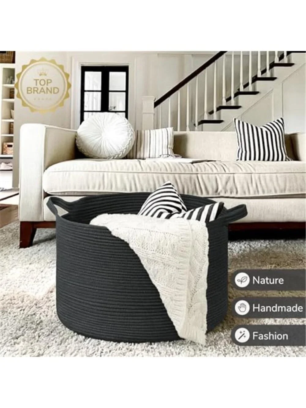 New XXXLarge Woven Rope Blanket Basket Living Room Black, 90L